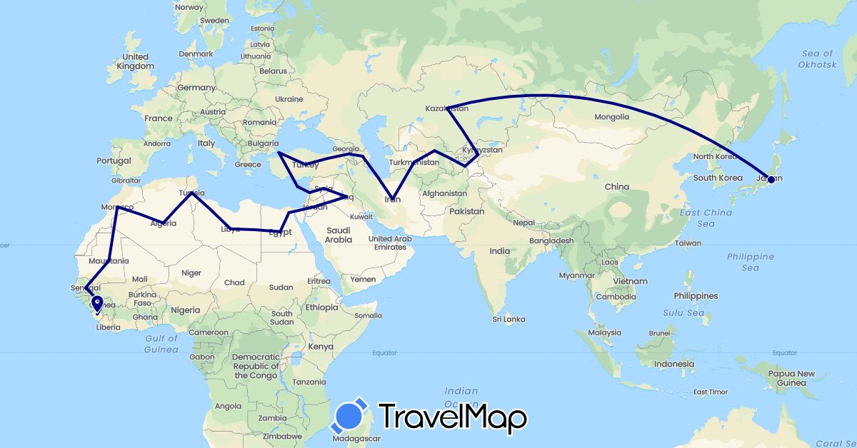TravelMap itinerary: driving in Armenia, Azerbaijan, Cyprus, Egypt, Guinea, Iraq, Jordan, Japan, Lebanon, Morocco, Sierra Leone, Senegal, Syria, Tajikistan, Turkmenistan, Turkey, Uzbekistan (Africa, Asia)